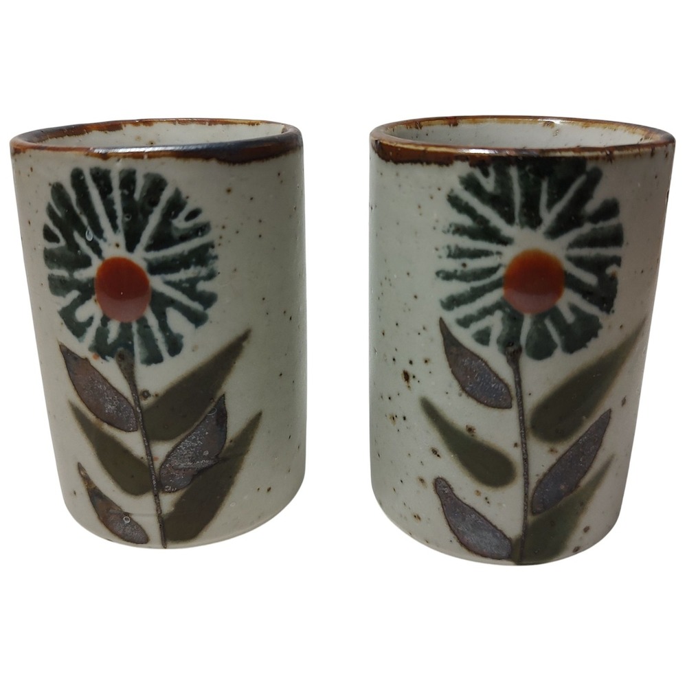 Otagiri Stoneware Sake Tea Cups Flower Designs‎ Speckled Juice Set of Two